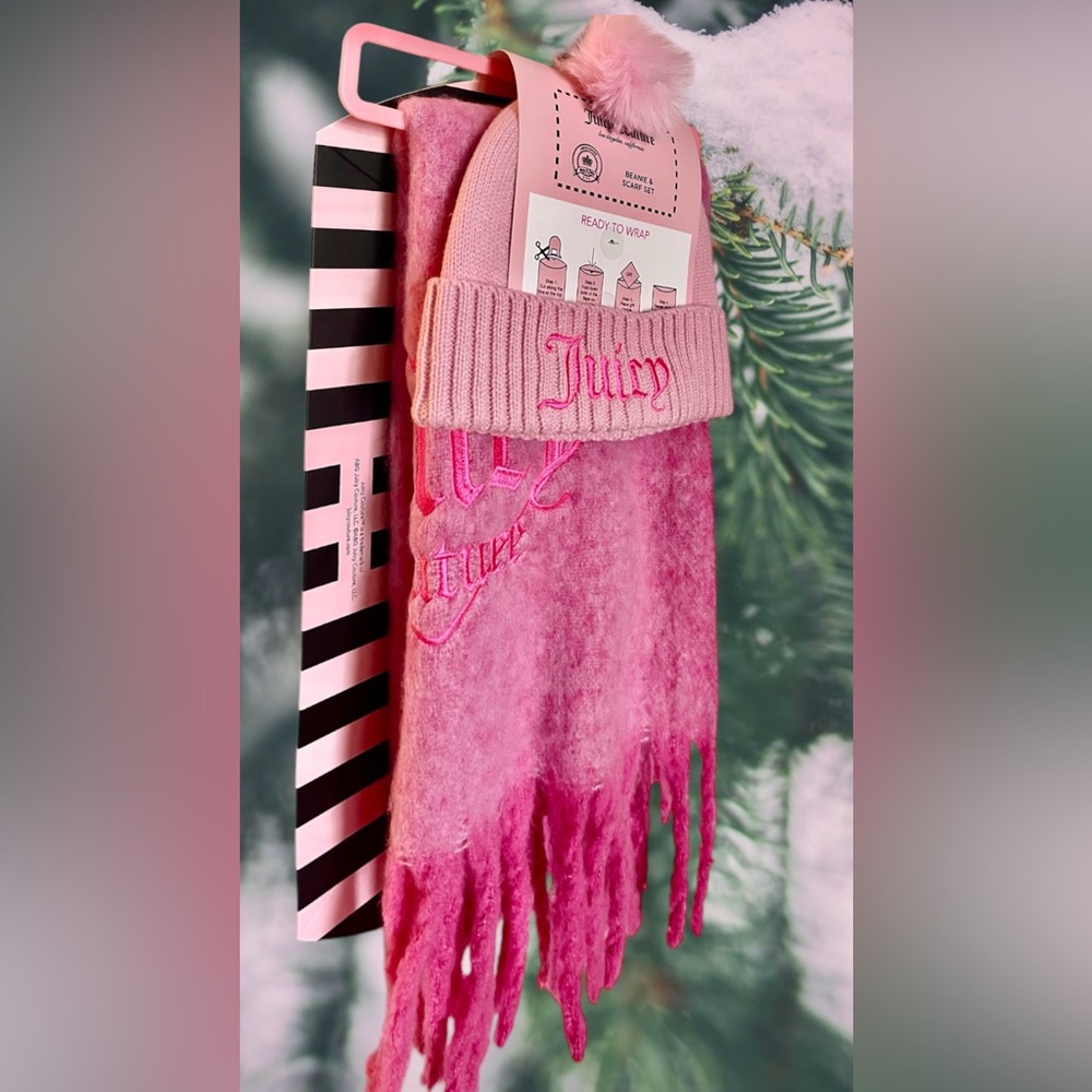 Juicy Couture NWT Hat & Scarf Set Pink THICH cozy Xl scarf & Pom Pom kni…